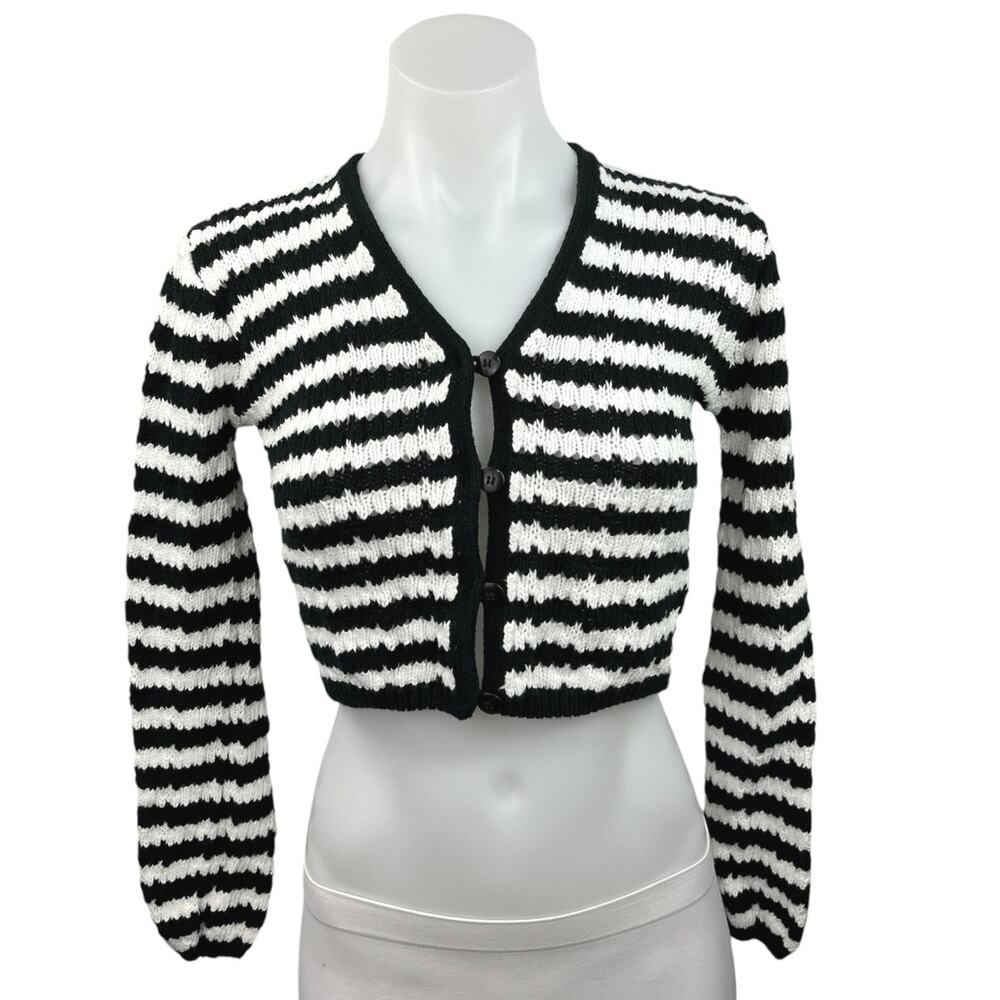 Industry Black White Cotton Striped Button Down Cropped Cardigan Sweater Top XS